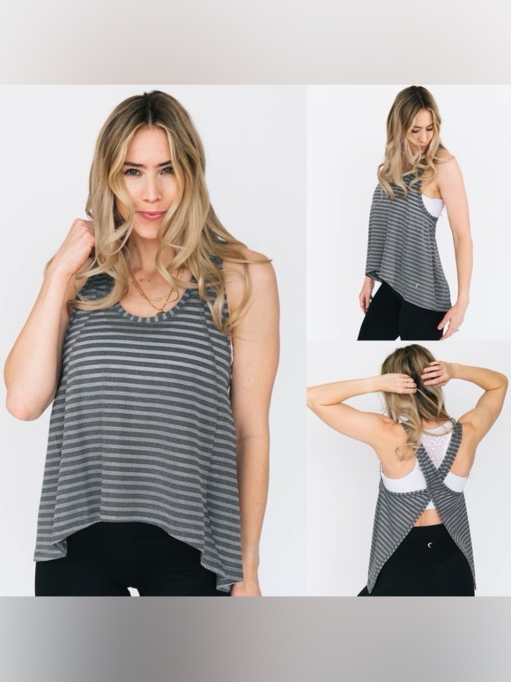 ZYIA Gray Striped Athletic Tank Top Criss Cross Back Lightweight Workout Size S - Picture 4 of 5